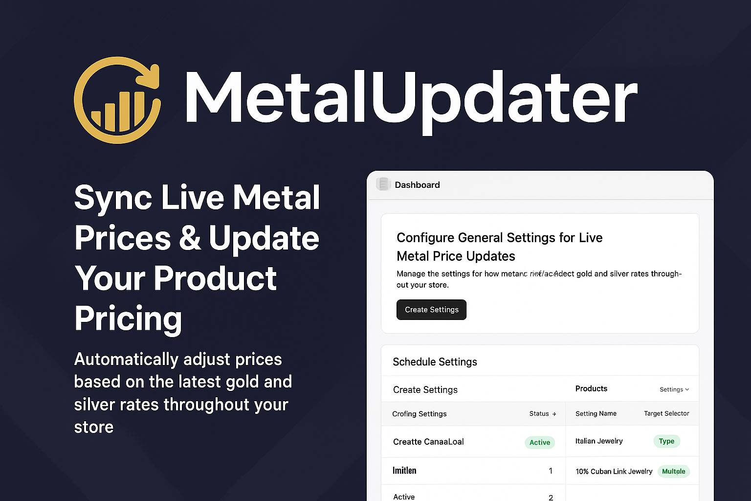 MetalUpdater dashboard showing automated gold price updates for Shopify jewelry store